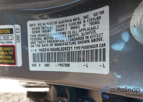 2009 Honda Civic Lx из США, поврежденный, VIN 1HGFA16549L028221